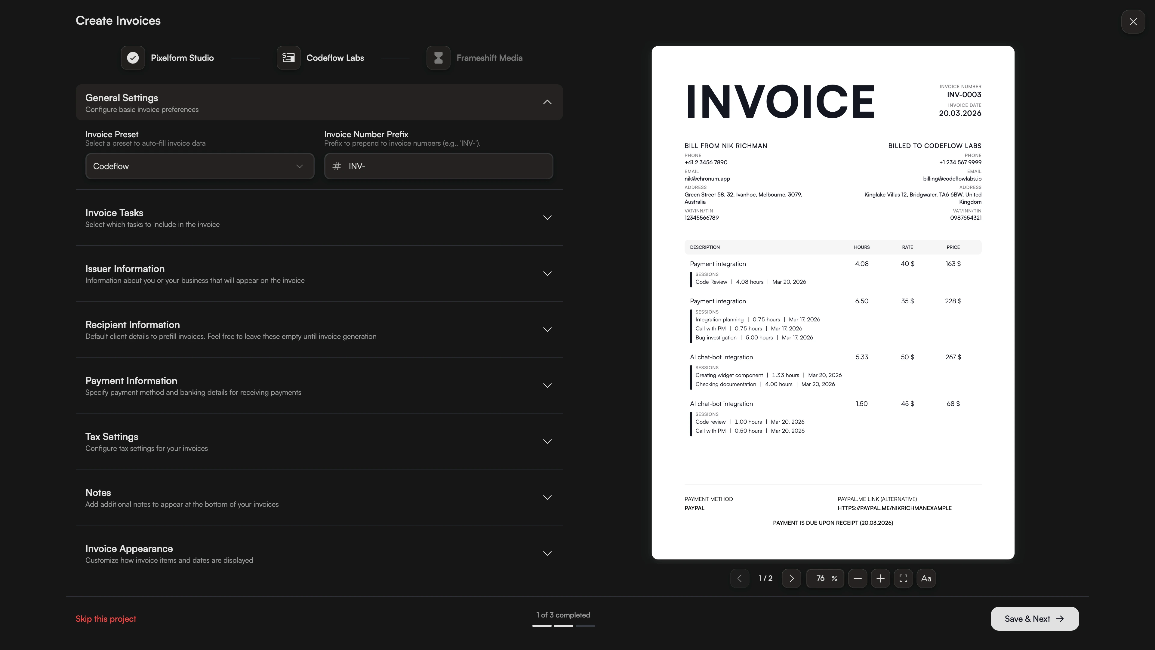 Chronum batch invoice generator showing a progress-led workflow for creating multiple client invoices at once.