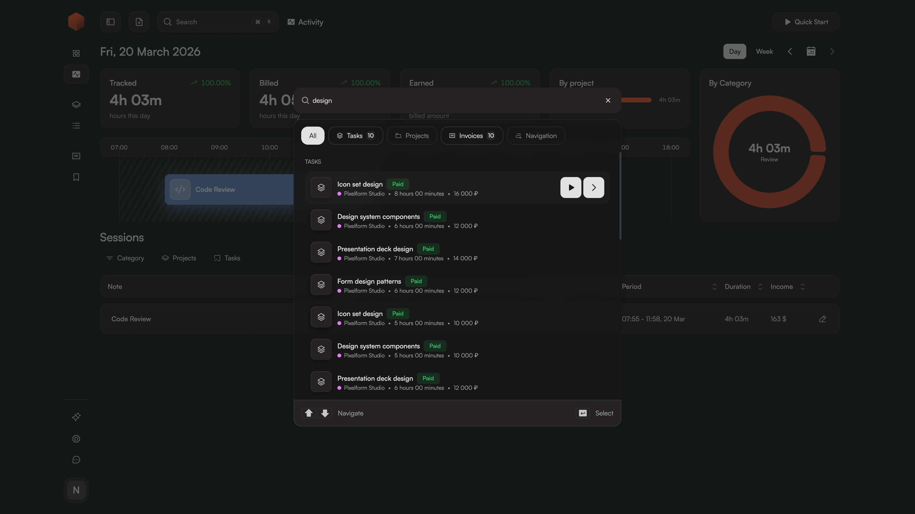 Using the Command Dialog in Chronum to instantly search and create professional PDF invoices for clients