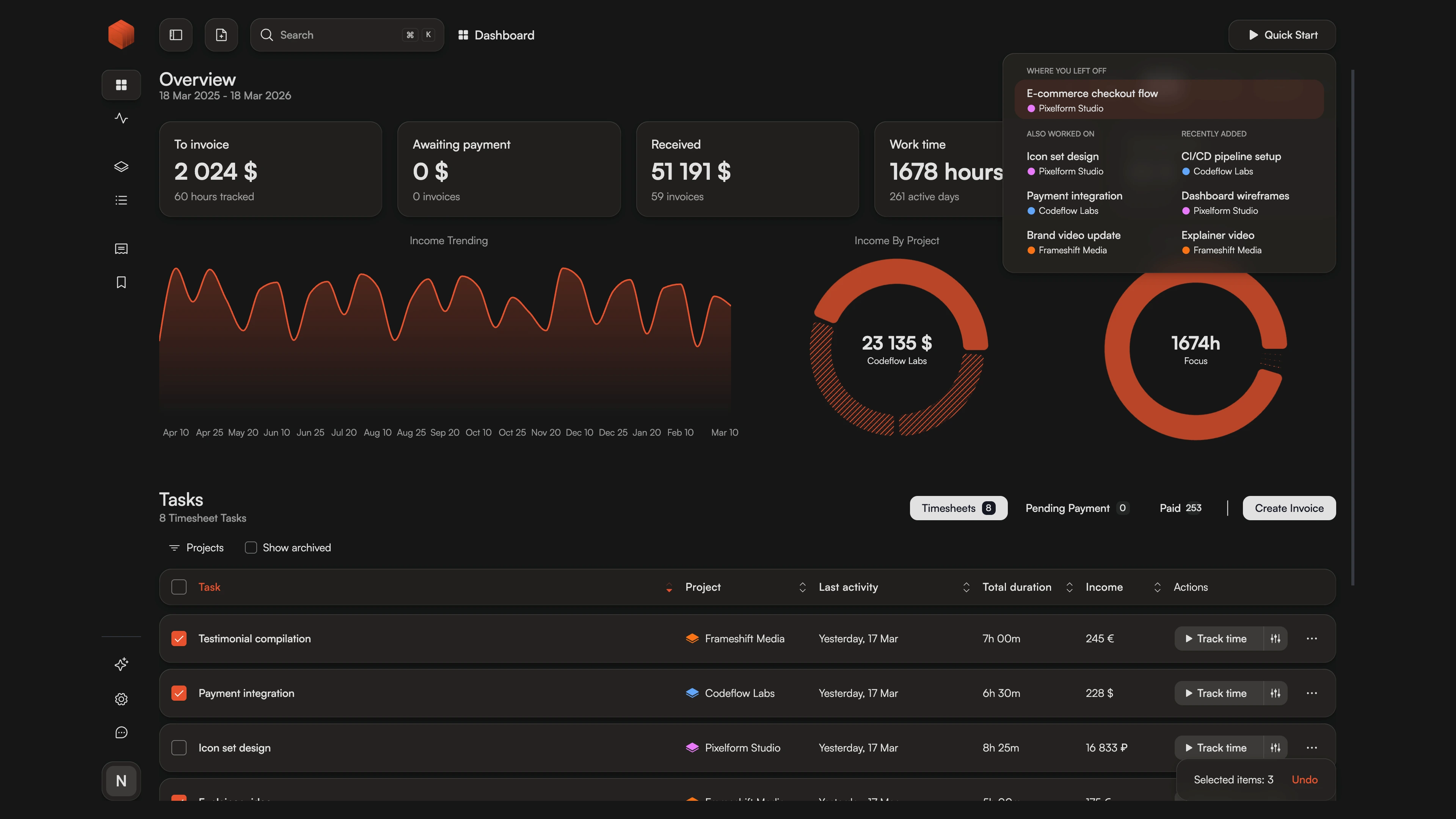 Chronum dashboard screenshot with metrics and quick start window