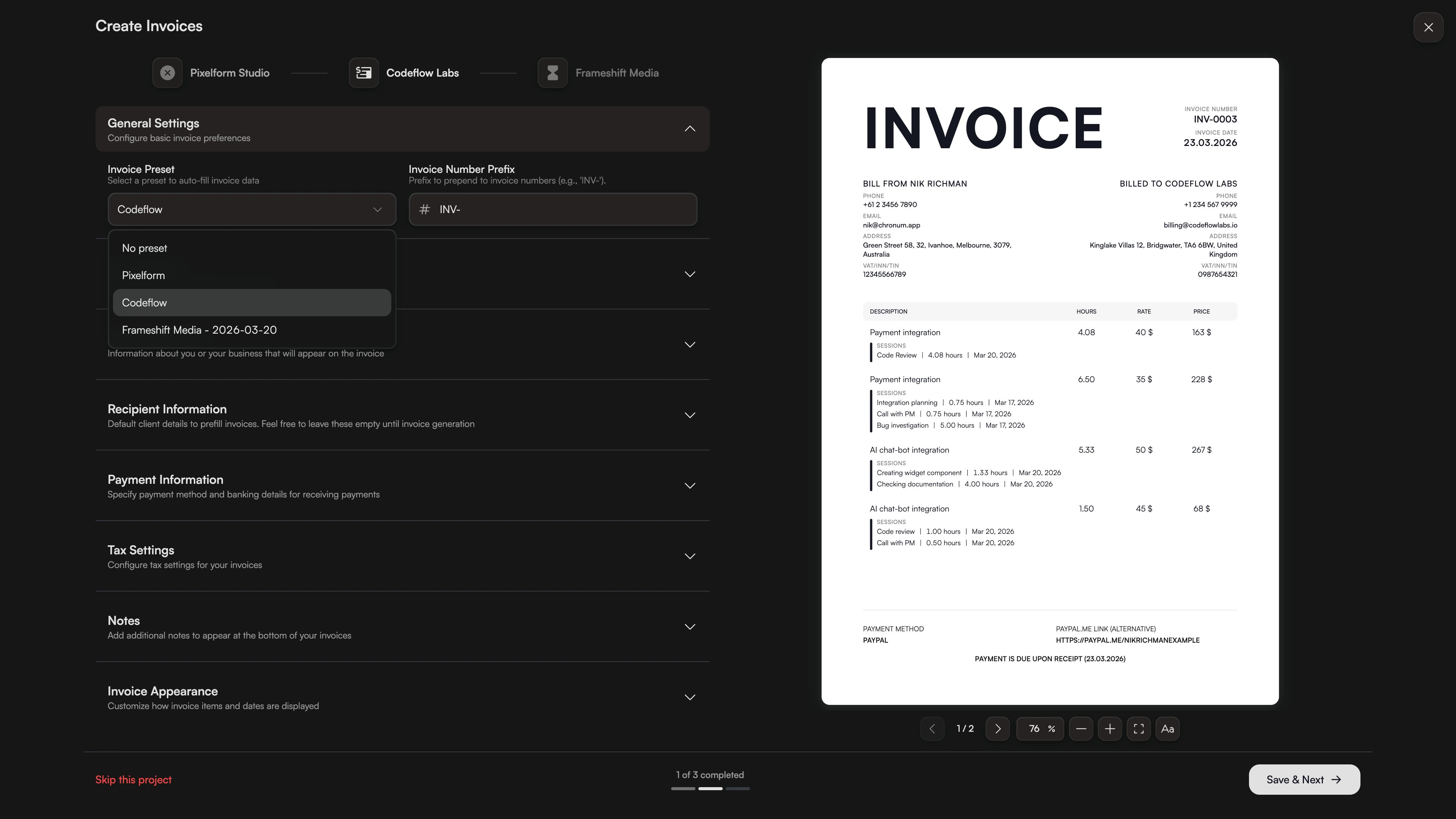 Automatic invoice template application during batch generation in Chronum.