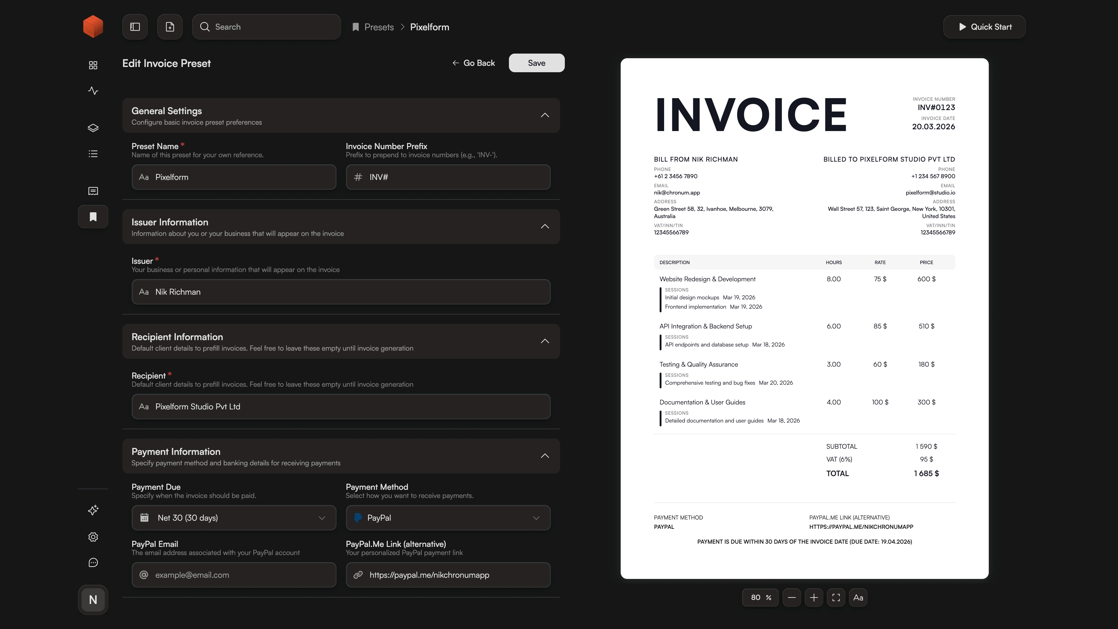 Chronum invoice template editor showing reusable billing templates for different freelance client requirements.
