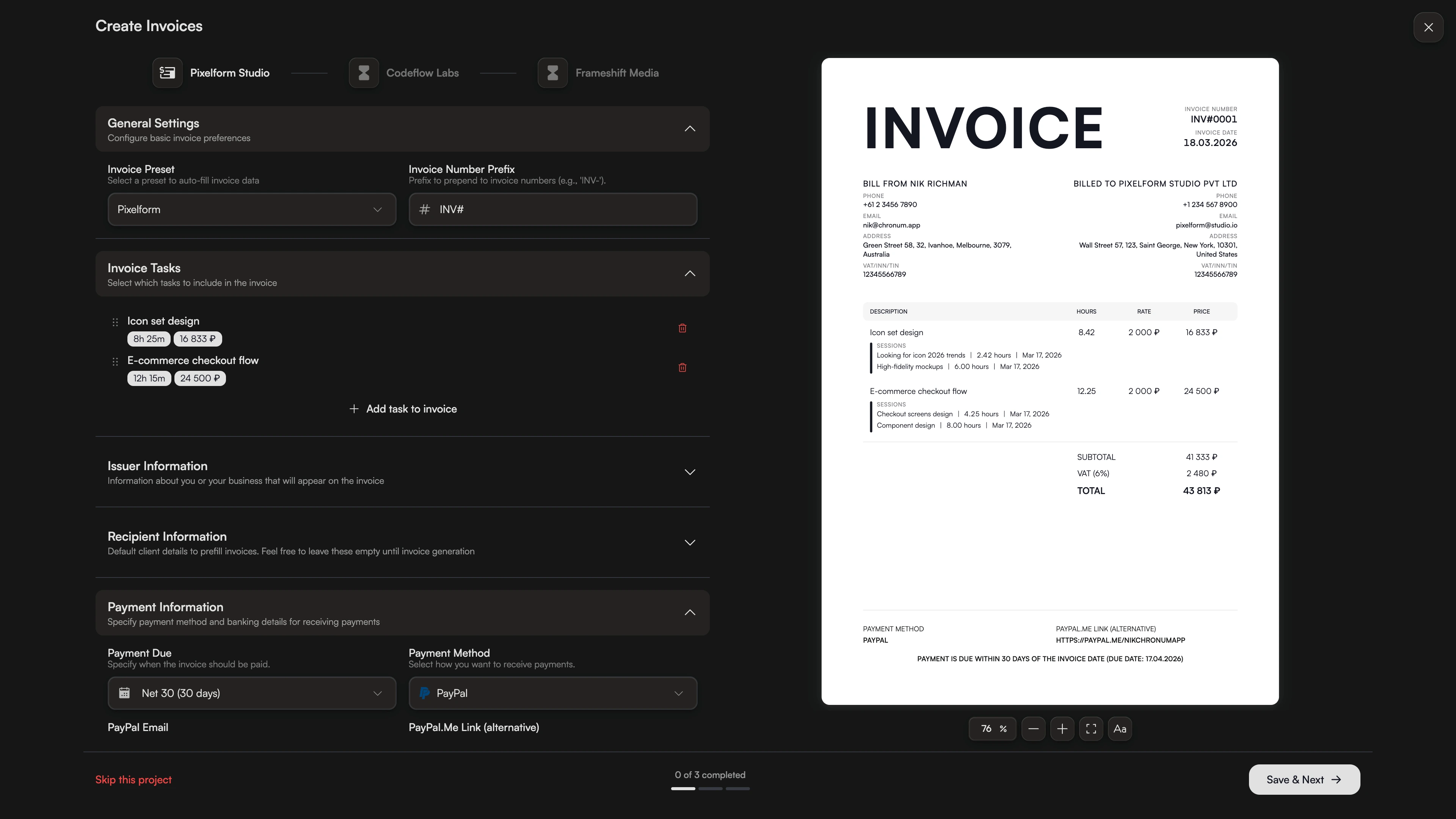 Chronum batch invoice generation window for multiple projects