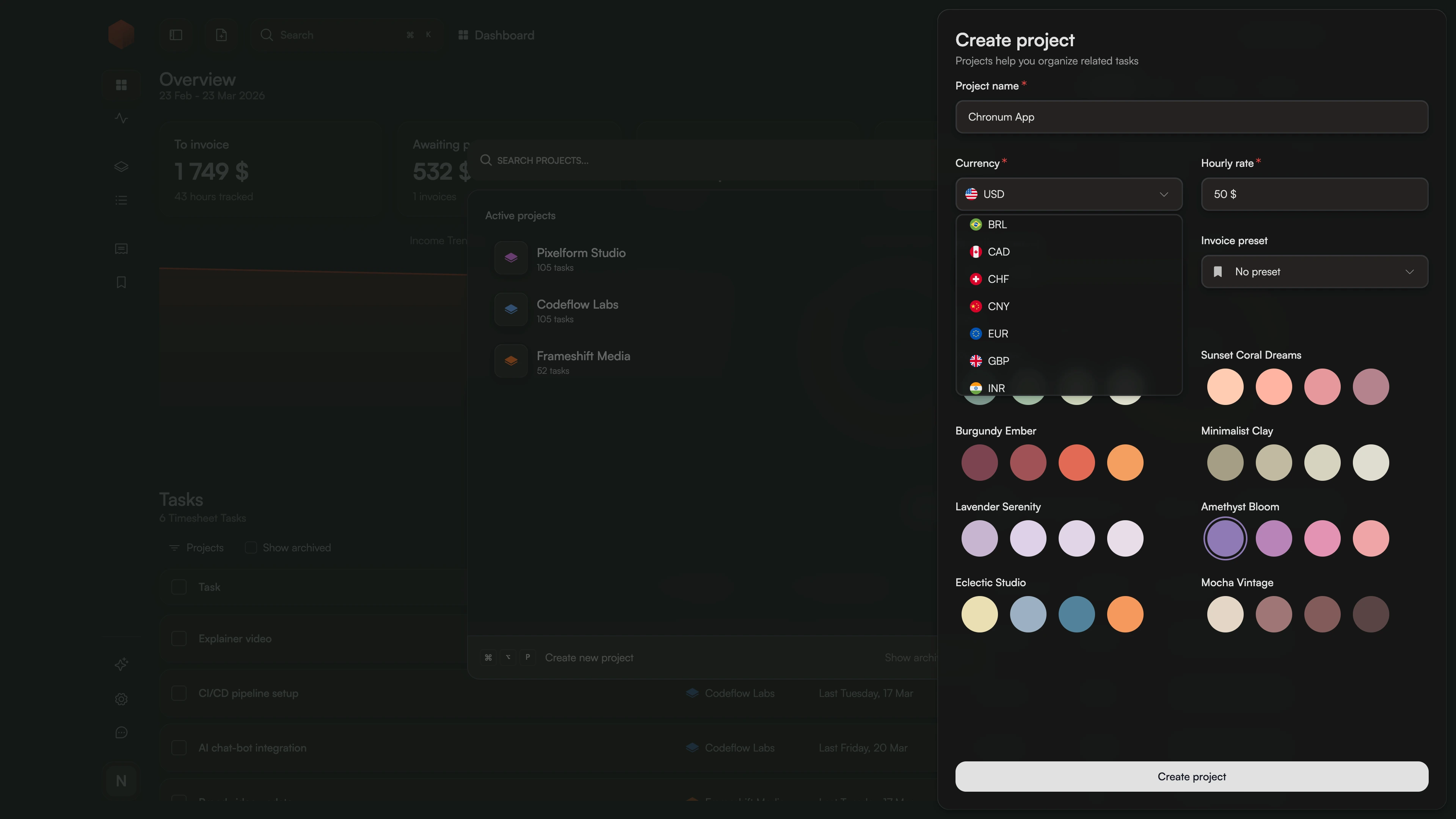 Project settings in Chronum app allowing users to select a unique currency for each freelance client.