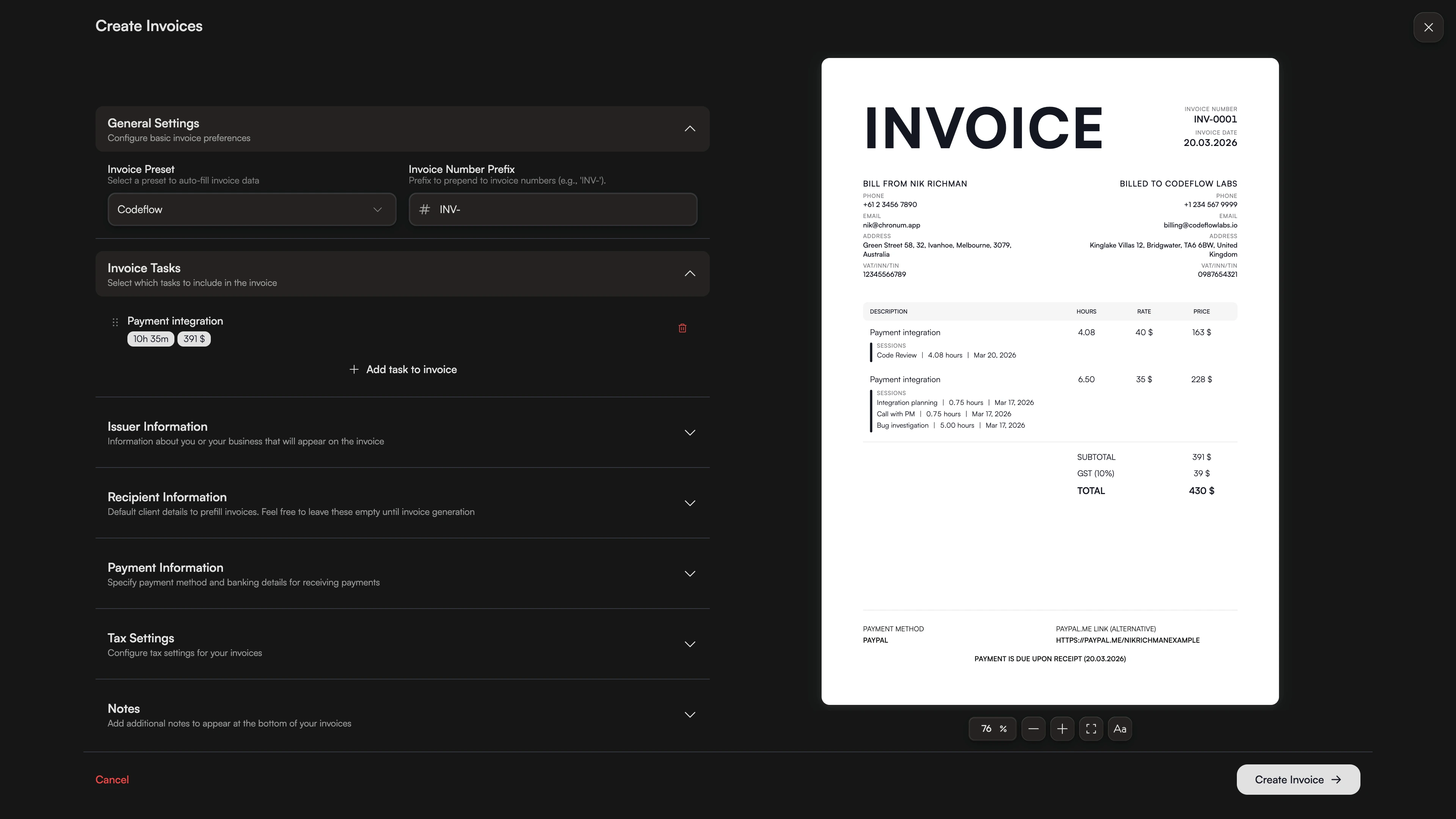 Chronum interface showing different hourly rates preserved for past and present time tracking sessions.