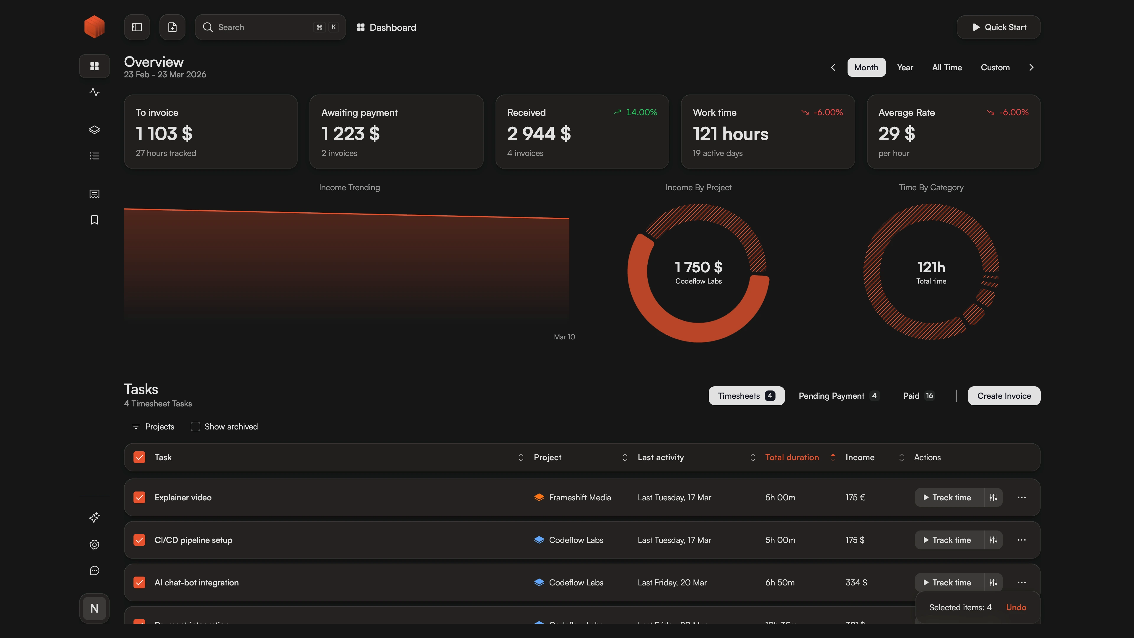 Selecting completed tasks in Chronum to initiate a batch invoice generation sequence.