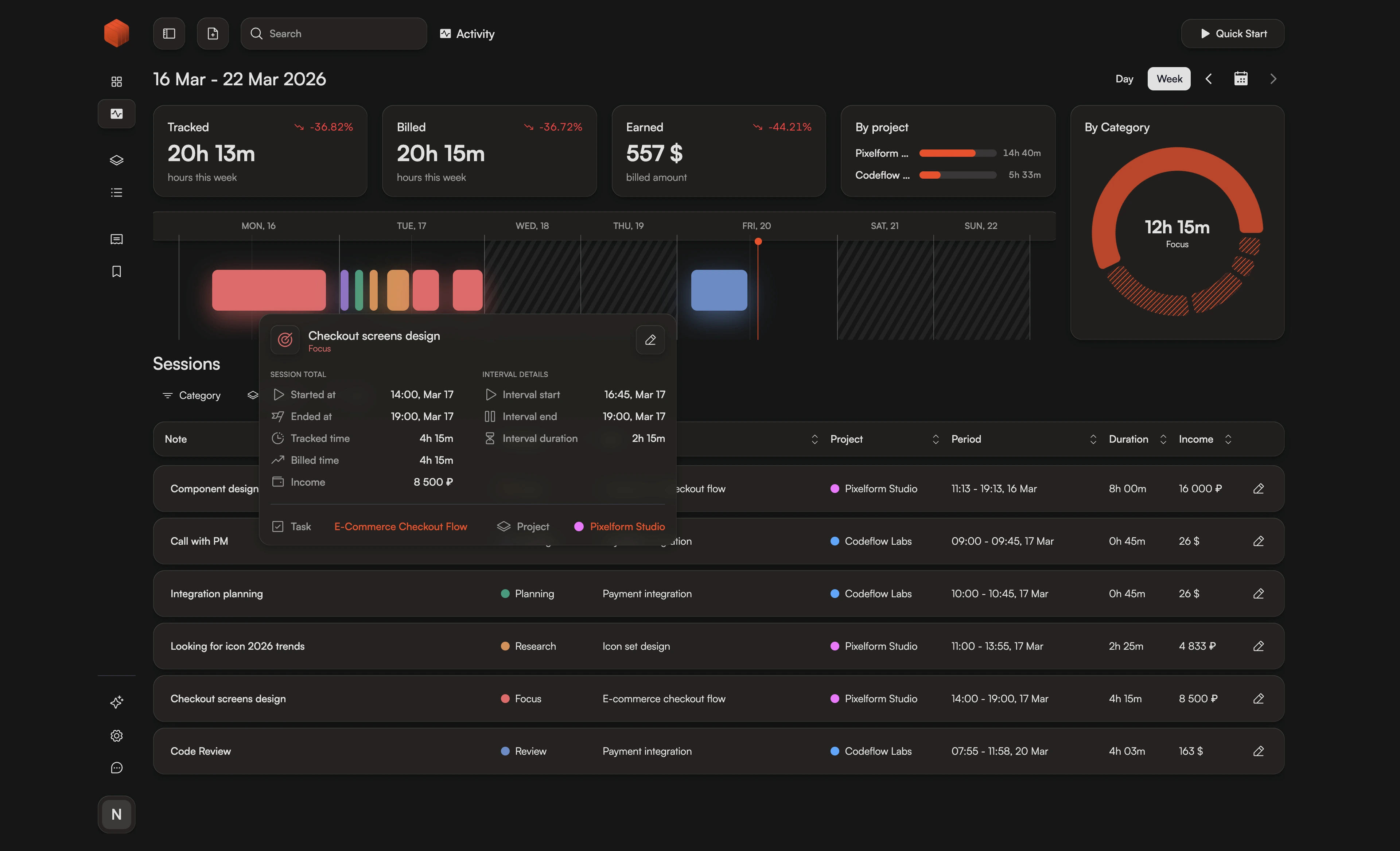 Chronum weekly view aggregating seven days of time tracking for better workload management and billing.